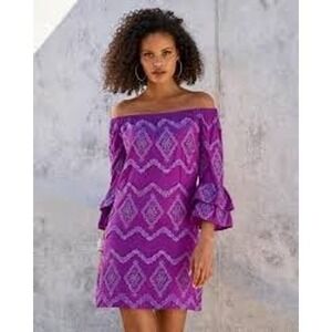 Boston Proper Off The Shoulder Dress Bohemian Purple Metallic Embroidered Size M